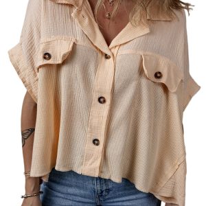 Chic Women's Beige Waffle Splicing Short Batwing Sleeve Shirt with Flap Detail - Main View