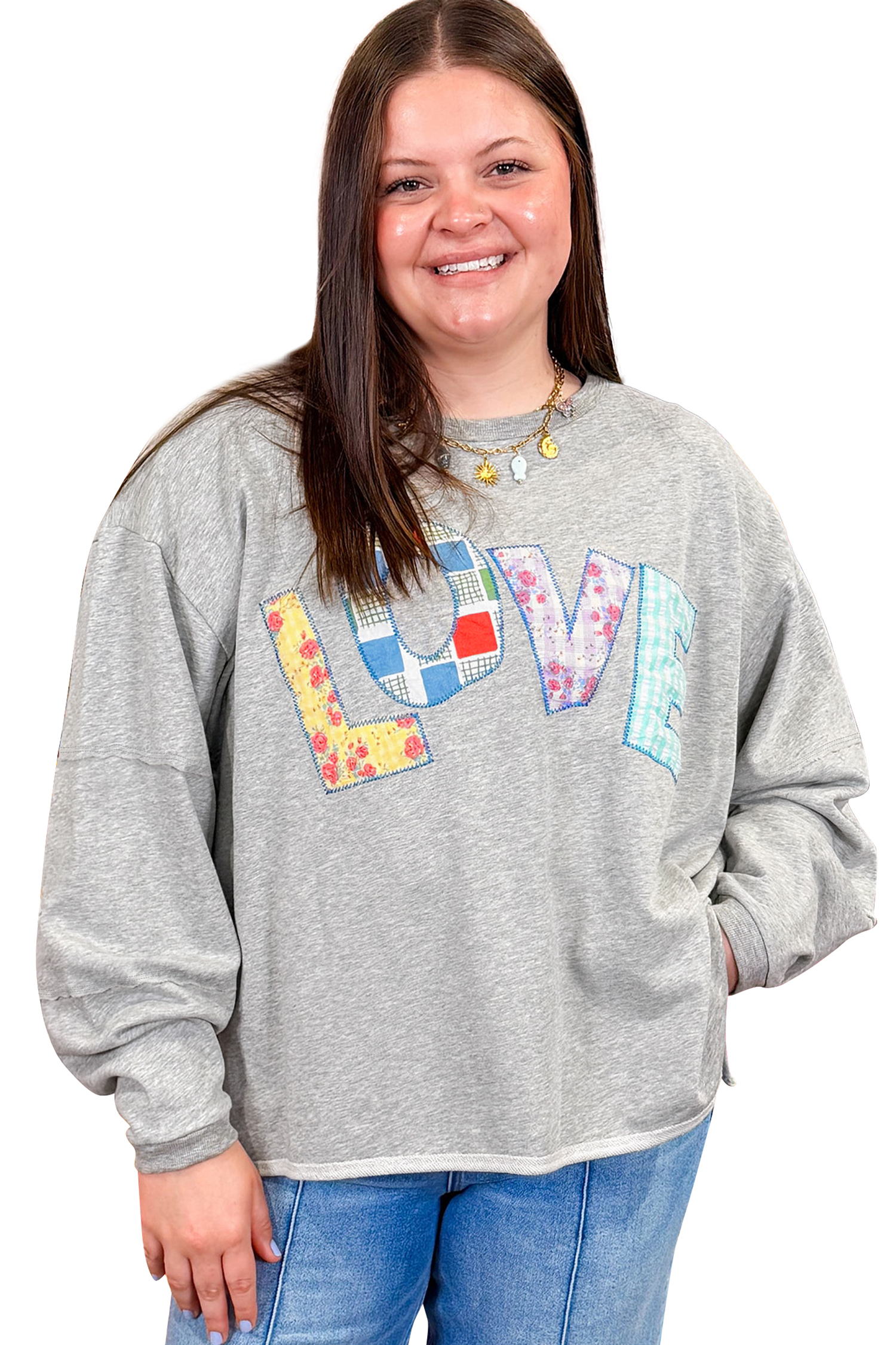 Women's Light Grey Sweatshirt, Patch Letter Graphic Pullover - Main View Women's Light Grey Sweatshirt, Patch Letter Graphic Pullover - Main View