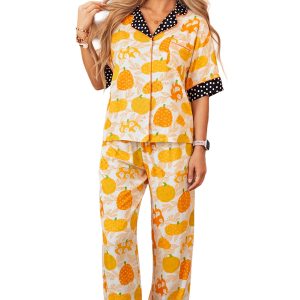 Women's Pumpkin Print Lounge Set, Fall Seasonal Pajamas - Main View