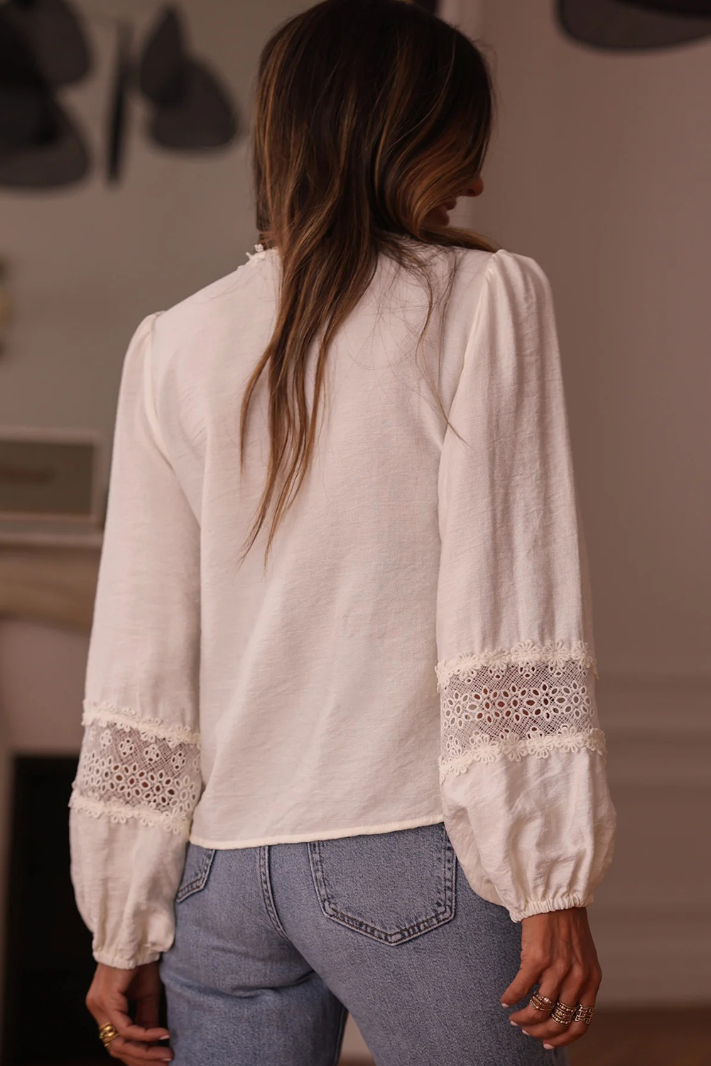 Chic White Floral Guipure Lace Blouse for Women – Long Sleeve Shift Top Perfect for Night Out - Detail View 2 Chic White Floral Guipure Lace Blouse for Women – Long Sleeve Shift Top Perfect for Night Out - Detail View 2