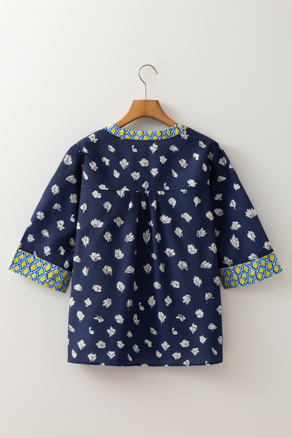 Women's Blue Floral Print Half Sleeve V Neck Blouse with Contrast Trim - Detail View 5 Women's Blue Floral Print Half Sleeve V Neck Blouse with Contrast Trim - Detail View 5