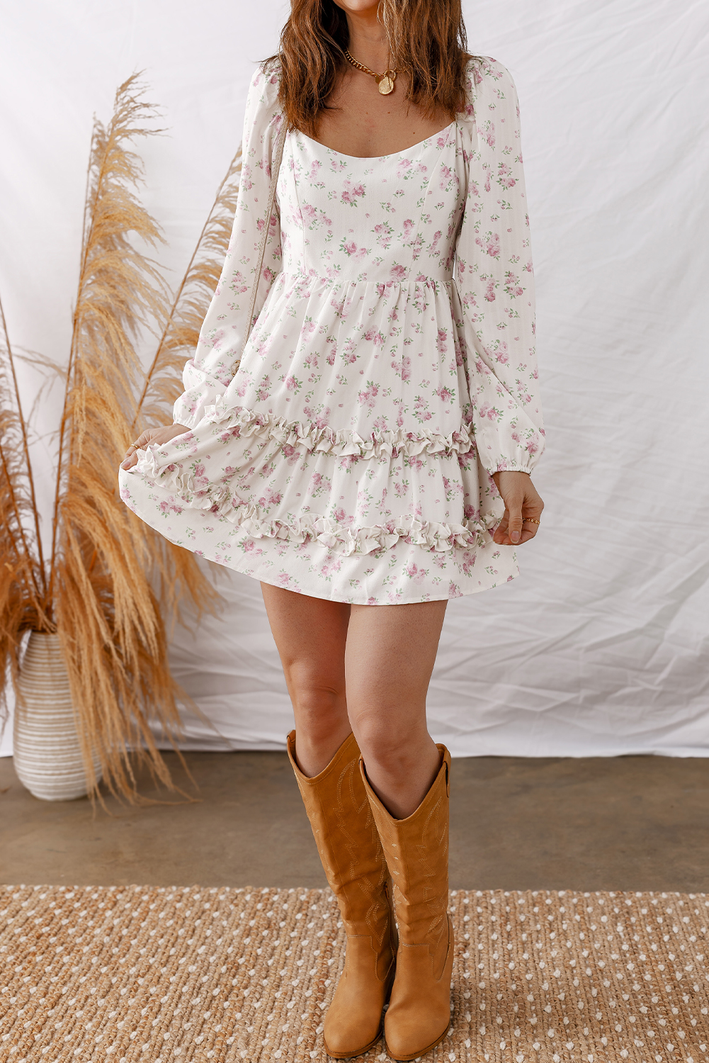 Women's Pink Floral Print Long Sleeve Mini Dress – Ruffle Detail for Spring Celebrations - Detail View 10 Women's Pink Floral Print Long Sleeve Mini Dress – Ruffle Detail for Spring Celebrations - Detail View 10