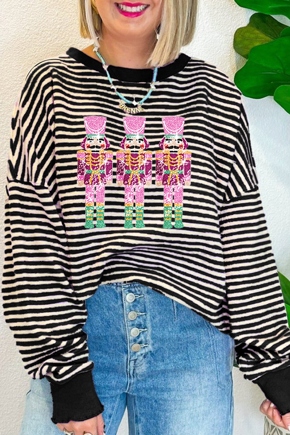 Women's Graphic Top, Black Stripe, Sequined Design, Nutcracker Doll, Drop Shoulder, Long Sleeve, Casual Style, Comfortable Fit, Holiday Fashion, Everyday Wear, Chic Tops, Autumn Fashion, Cartoon Pattern - Detail View 4 Women's Graphic Top, Black Stripe, Sequined Design, Nutcracker Doll, Drop Shoulder, Long Sleeve, Casual Style, Comfortable Fit, Holiday Fashion, Everyday Wear, Chic Tops, Autumn Fashion, Cartoon Pattern - Detail View 4