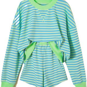 Women's Green Striped 2-Piece Lounge Set – Long Sleeve Pullover and High Waist Shorts - Main View