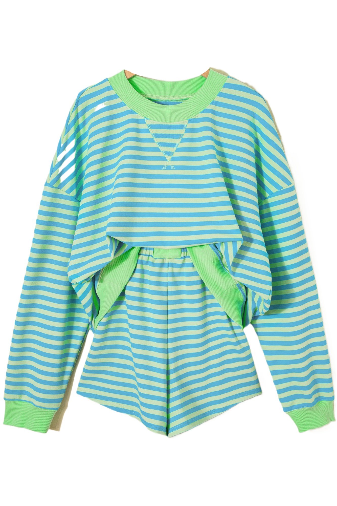 Women's Green Striped 2-Piece Lounge Set – Long Sleeve Pullover and High Waist Shorts - Main View Women's Green Striped 2-Piece Lounge Set – Long Sleeve Pullover and High Waist Shorts - Main View