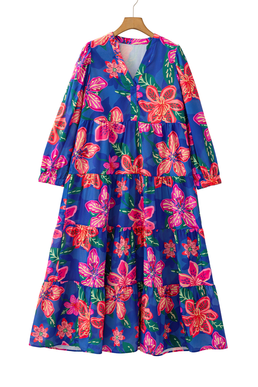 Women's Blue Floral Print 3/4 Sleeve V Neck Tiered Long Dress - Casual Southern Belle Style - Detail View 21 Women's Blue Floral Print 3/4 Sleeve V Neck Tiered Long Dress - Casual Southern Belle Style - Detail View 21