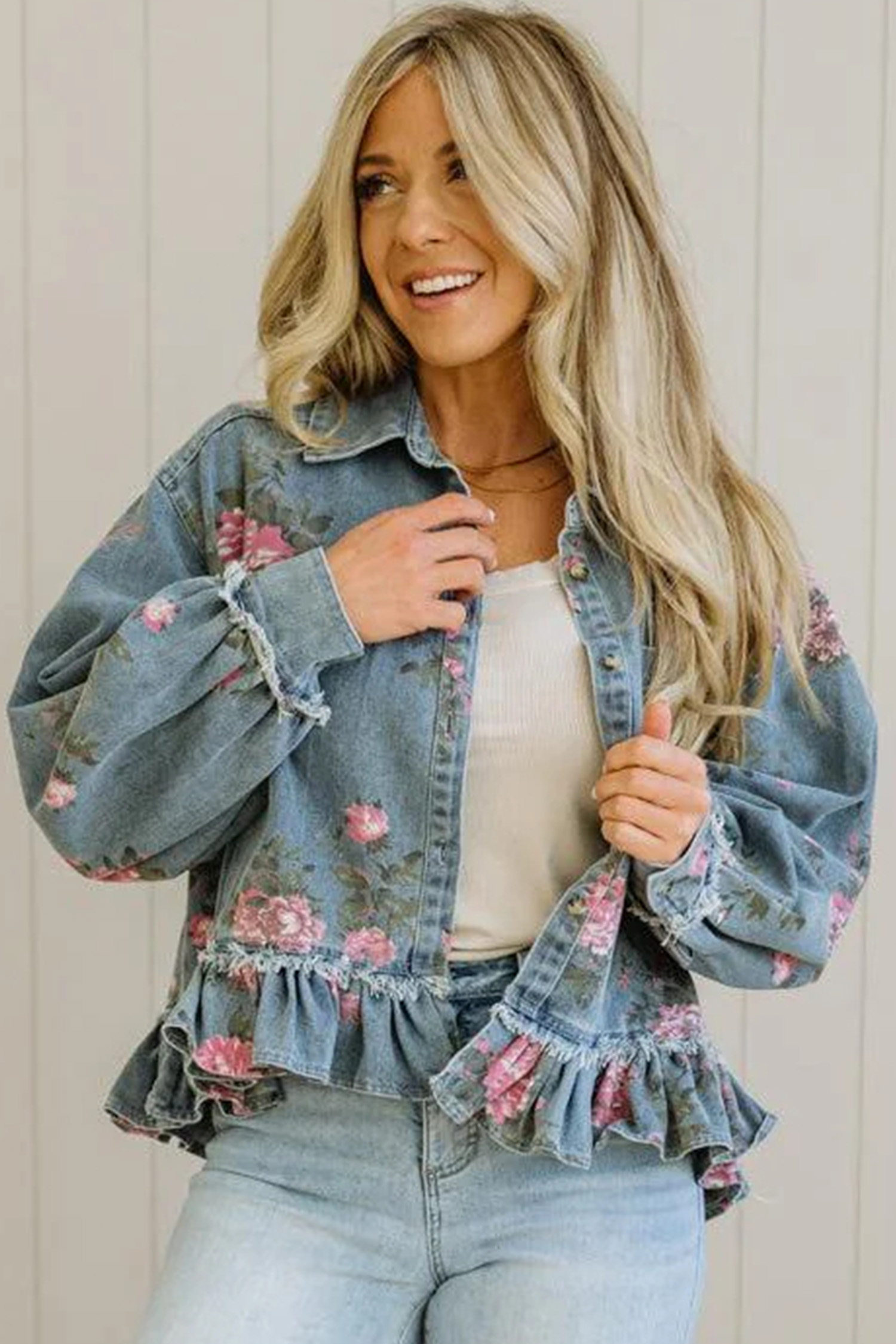Women's Floral Denim Jacket, Casual Long Sleeve Ruffle Hem - Detail View 13 Women's Floral Denim Jacket, Casual Long Sleeve Ruffle Hem - Detail View 13