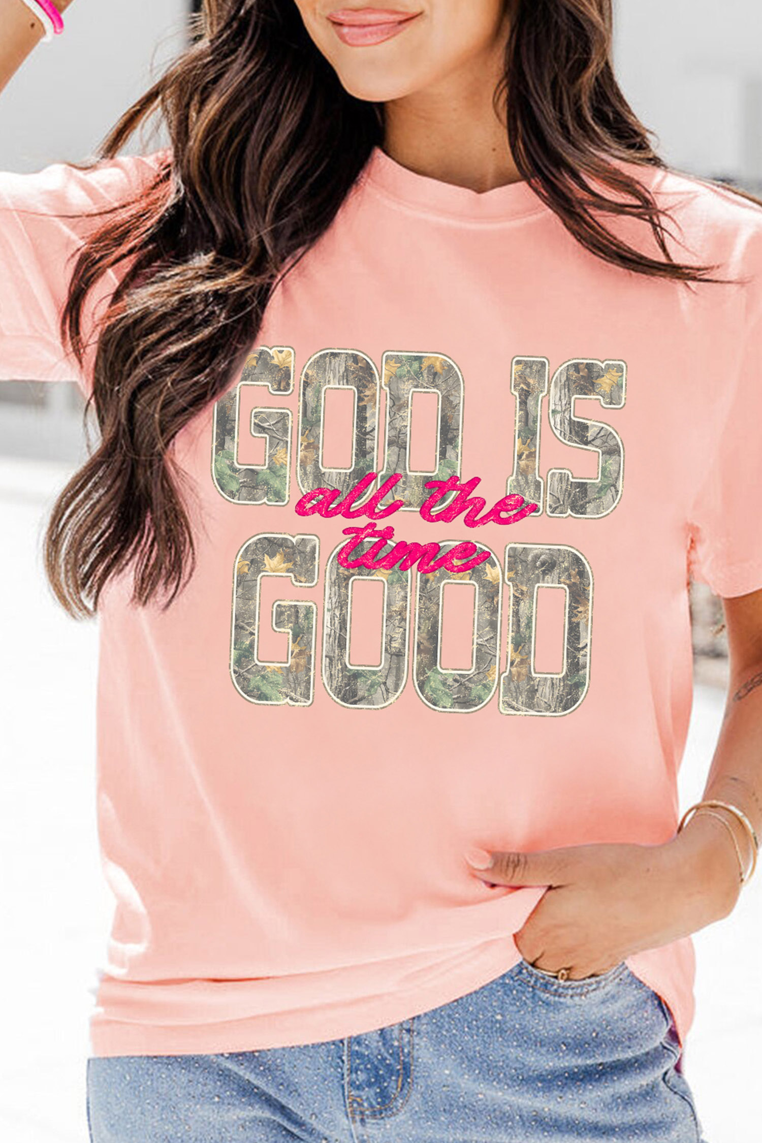 Women's Slogan Print Tee, Summer Faith Round Neck Shirt - Detail View 2 Women's Slogan Print Tee, Summer Faith Round Neck Shirt - Detail View 2
