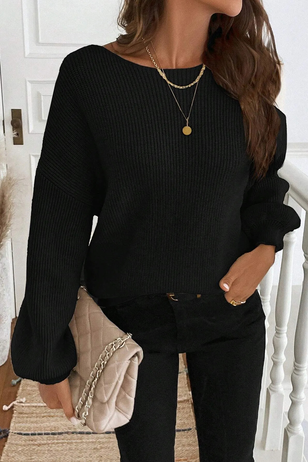 Stylish Black Ribbed Knit Sweater for Women – Casual Backless Design with Elegant Bow for Autumn Outfits - Detail View 6 Stylish Black Ribbed Knit Sweater for Women – Casual Backless Design with Elegant Bow for Autumn Outfits - Detail View 6