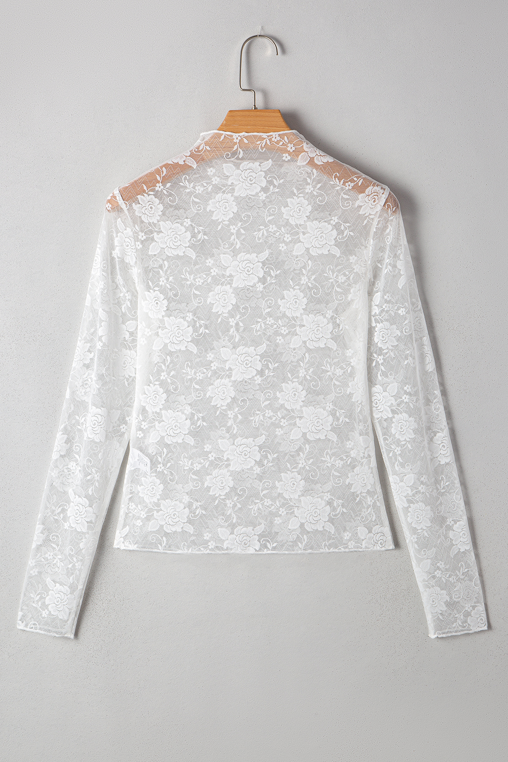Women's Top, White Sheer, Floral Lace, Mock Neck, Long Sleeve, Slim Fit, Elegant Style, Lightweight, Comfortable, Night Out, Spring Season, Casual Wear, Sheath Silhouette, Fashionable Design - Detail View 8 Women's Top, White Sheer, Floral Lace, Mock Neck, Long Sleeve, Slim Fit, Elegant Style, Lightweight, Comfortable, Night Out, Spring Season, Casual Wear, Sheath Silhouette, Fashionable Design - Detail View 8