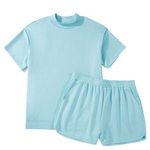 Women's Plus Size Mist Blue 2-Piece Short Set – Mock Neck Half Sleeve Top and High Waist Shorts - Main View
