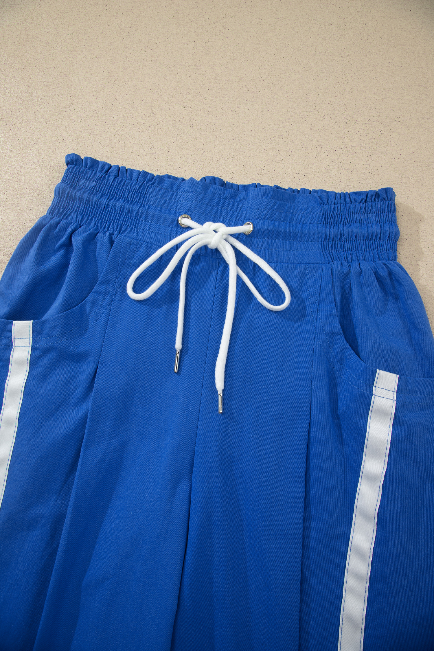 Women's Active Drawstring Cropped Pants - High Waist Smocked Cotton Trousers with Side Stripes - Detail View 14 Women's Active Drawstring Cropped Pants - High Waist Smocked Cotton Trousers with Side Stripes - Detail View 14