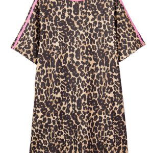 Women's Apricot Leopard Print T-Shirt Dress – Casual Summer Style with Varsity Stripes - Main View