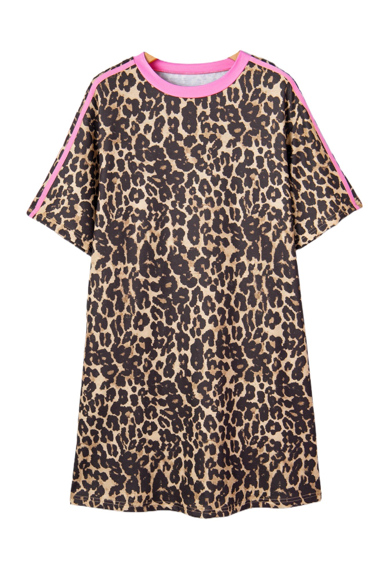 Women's Apricot Leopard Print T-Shirt Dress – Casual Summer Style with Varsity Stripes - Main View Women's Apricot Leopard Print T-Shirt Dress – Casual Summer Style with Varsity Stripes - Main View