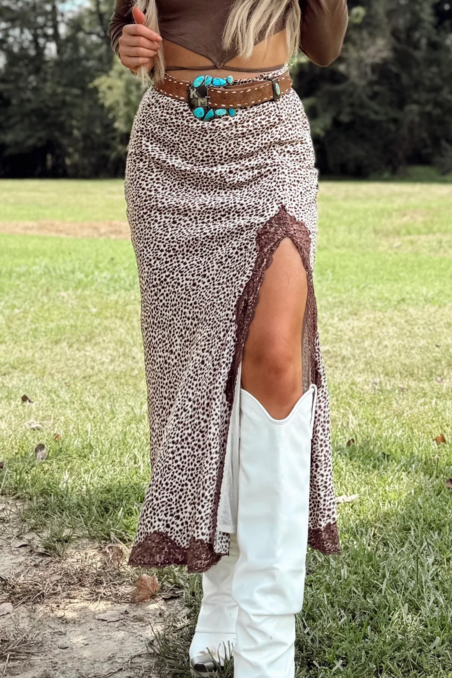 Brown High Waisted Long Skirt, Trendy Leopard Lace Hem Split - Detail View 5 Brown High Waisted Long Skirt, Trendy Leopard Lace Hem Split - Detail View 5