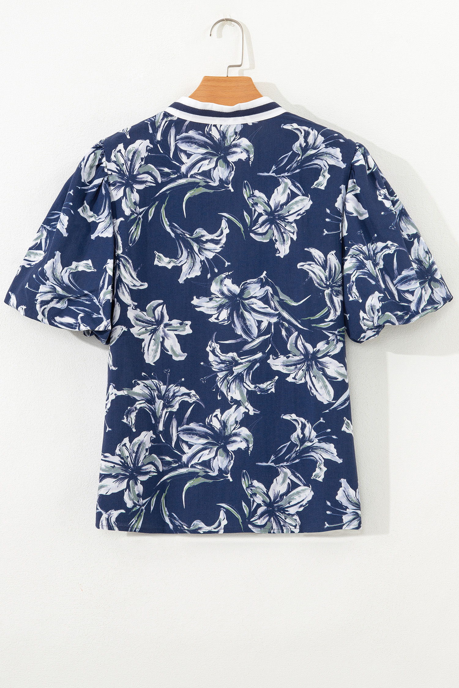 Chic Blue Floral V Neck Blouse with Puff Sleeves - Perfect for Daily Wear and Outings - Detail View 5 Chic Blue Floral V Neck Blouse with Puff Sleeves - Perfect for Daily Wear and Outings - Detail View 5