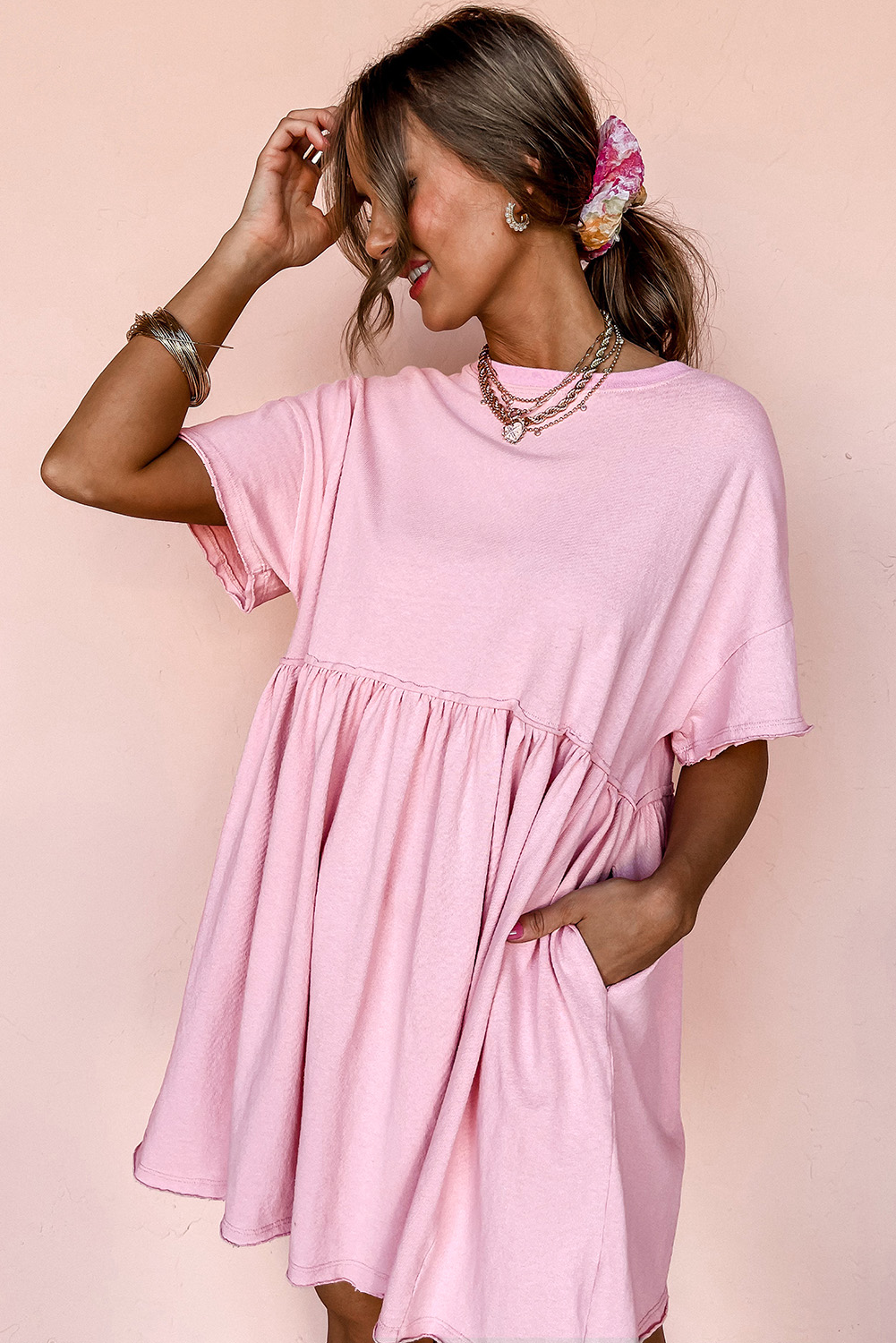 Women's Dress, Light Pink, Solid Color, Babydoll Style, Pocketed Dress, Raw Edge Detailing, Casual Summer Dress, Short Sleeve, Round Neck, Feminine Look, Playful Style, Daily Wear, Mini Dresses - Detail View 4 Women's Dress, Light Pink, Solid Color, Babydoll Style, Pocketed Dress, Raw Edge Detailing, Casual Summer Dress, Short Sleeve, Round Neck, Feminine Look, Playful Style, Daily Wear, Mini Dresses - Detail View 4
