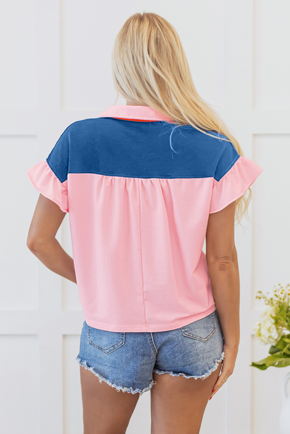 Chic Gossamer Pink Color Block Top with Ruffled Sleeves - Perfect for Summer - Detail View 2 Chic Gossamer Pink Color Block Top with Ruffled Sleeves - Perfect for Summer - Detail View 2
