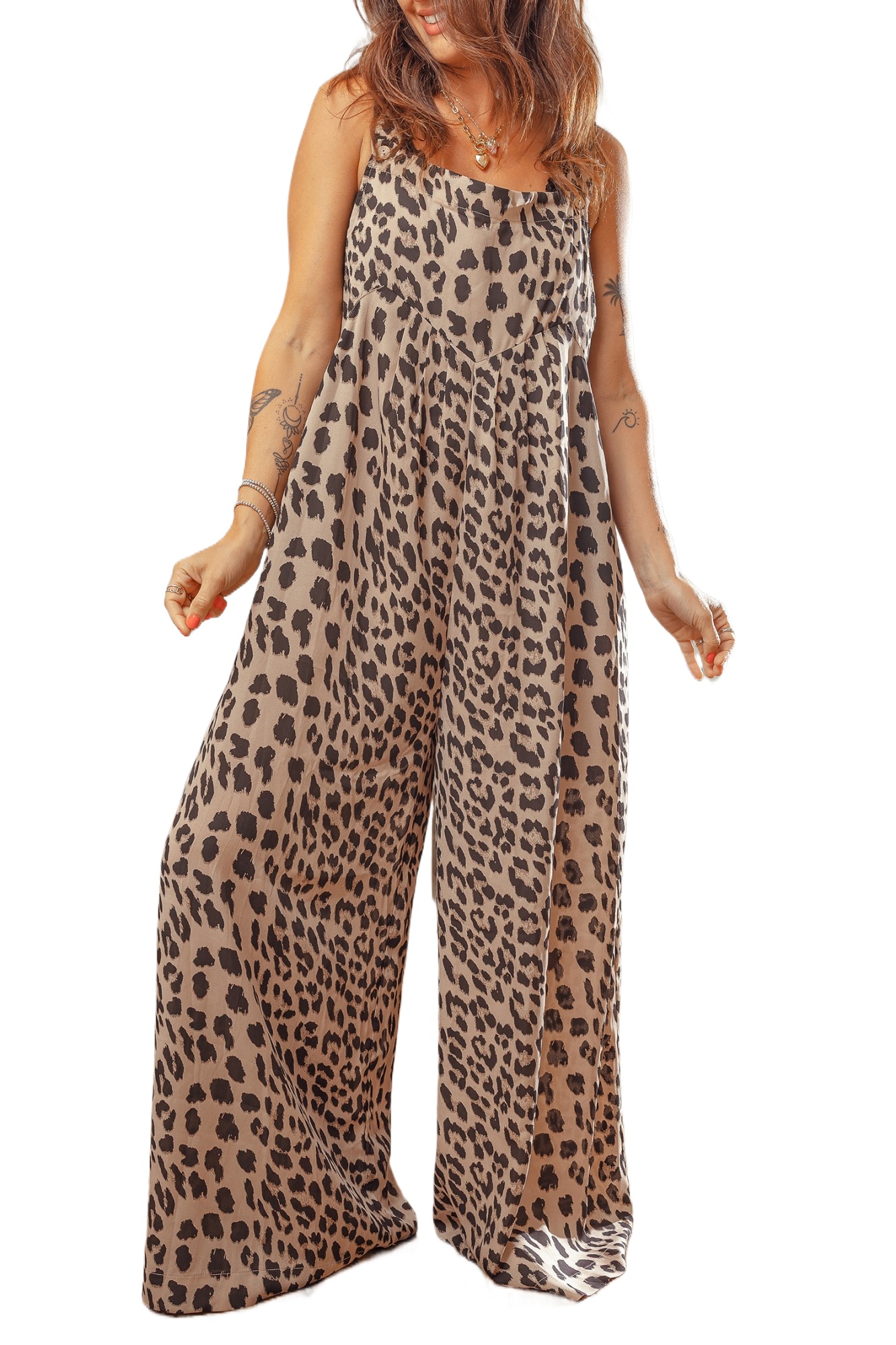 Women's Leopard Wide Leg Jumpsuit - Casual Summer Romper - Main View Women's Leopard Wide Leg Jumpsuit - Casual Summer Romper - Main View