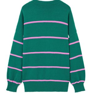 Women's Green Stripe Half Button V Neck Sweater – Cozy Plus Size Casual Wear for Fall - Main View