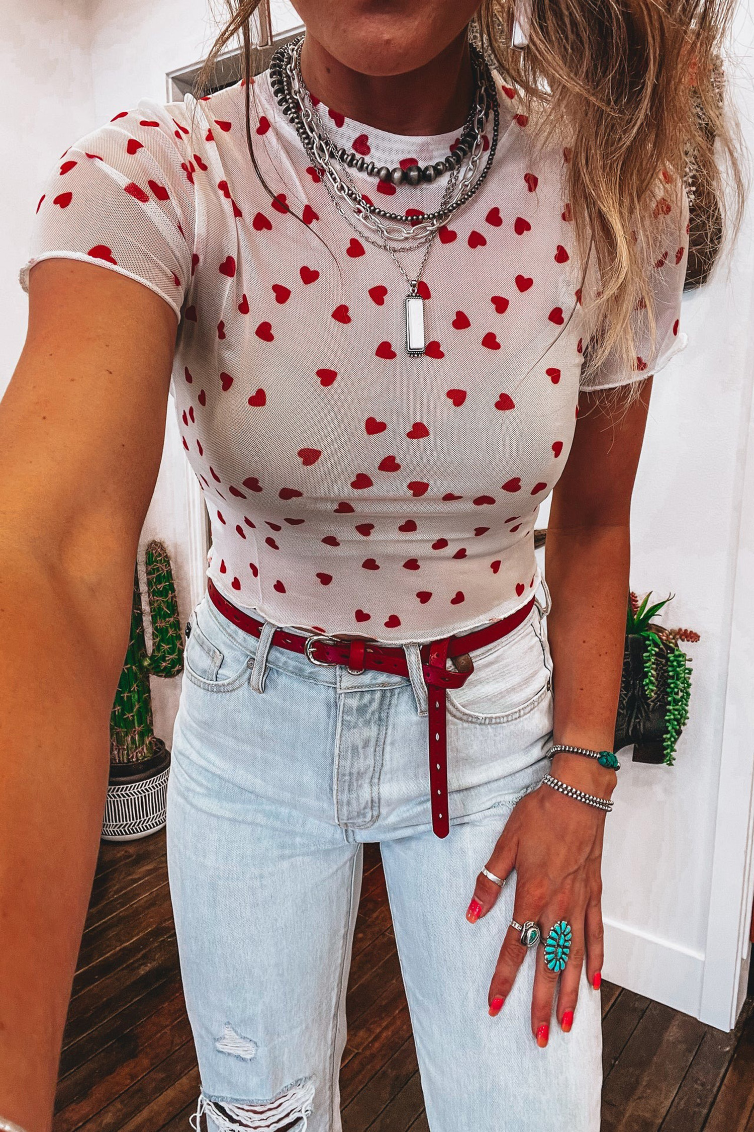 Chic Red Heart-Shaped Mesh Top for Women – Perfect for Valentine's Day and Everyday Wear - Detail View 5 Chic Red Heart-Shaped Mesh Top for Women – Perfect for Valentine's Day and Everyday Wear - Detail View 5