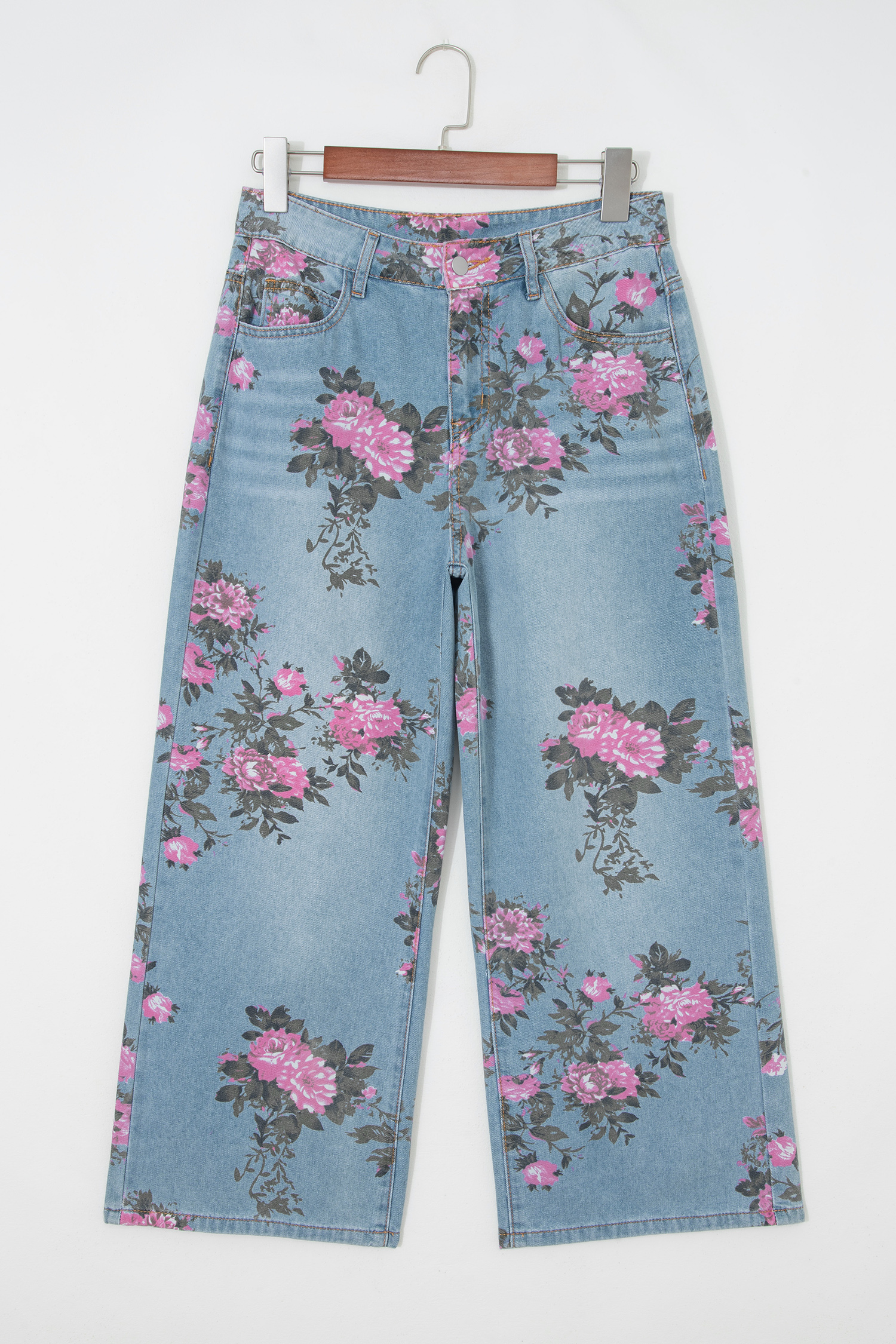 Sky Blue Floral Print Bootcut Jeans for Women – Casual All-Season Denim with Natural Waist - Detail View 7 Sky Blue Floral Print Bootcut Jeans for Women – Casual All-Season Denim with Natural Waist - Detail View 7