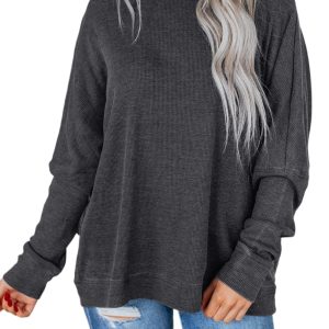 Women's Dark Grey Waffle Knit Long Sleeve Top – Casual Everyday Essential for Autumn - Main View