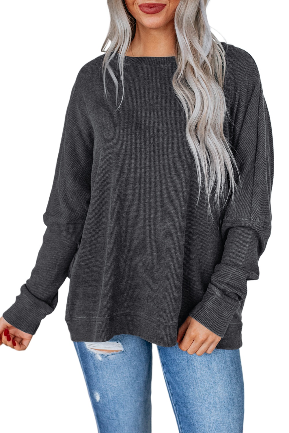 Women's Dark Grey Waffle Knit Long Sleeve Top – Casual Everyday Essential for Autumn - Main View Women's Dark Grey Waffle Knit Long Sleeve Top – Casual Everyday Essential for Autumn - Main View