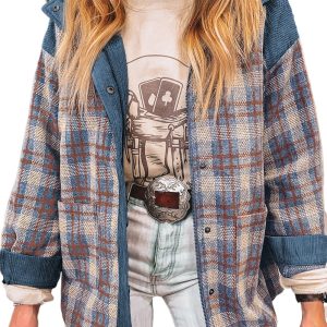 Women's Gray Plaid Corduroy Patchwork Collared Zip-Up Snap Button Jacket for Fall - Main View