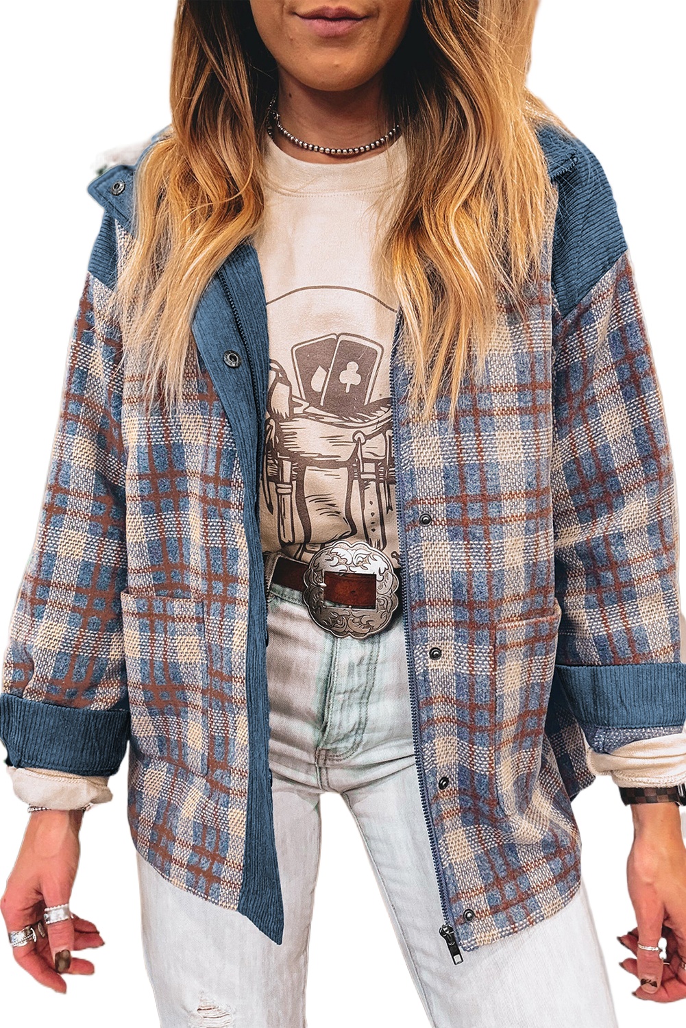 Women's Gray Plaid Corduroy Patchwork Collared Zip-Up Snap Button Jacket for Fall - Main View Women's Gray Plaid Corduroy Patchwork Collared Zip-Up Snap Button Jacket for Fall - Main View