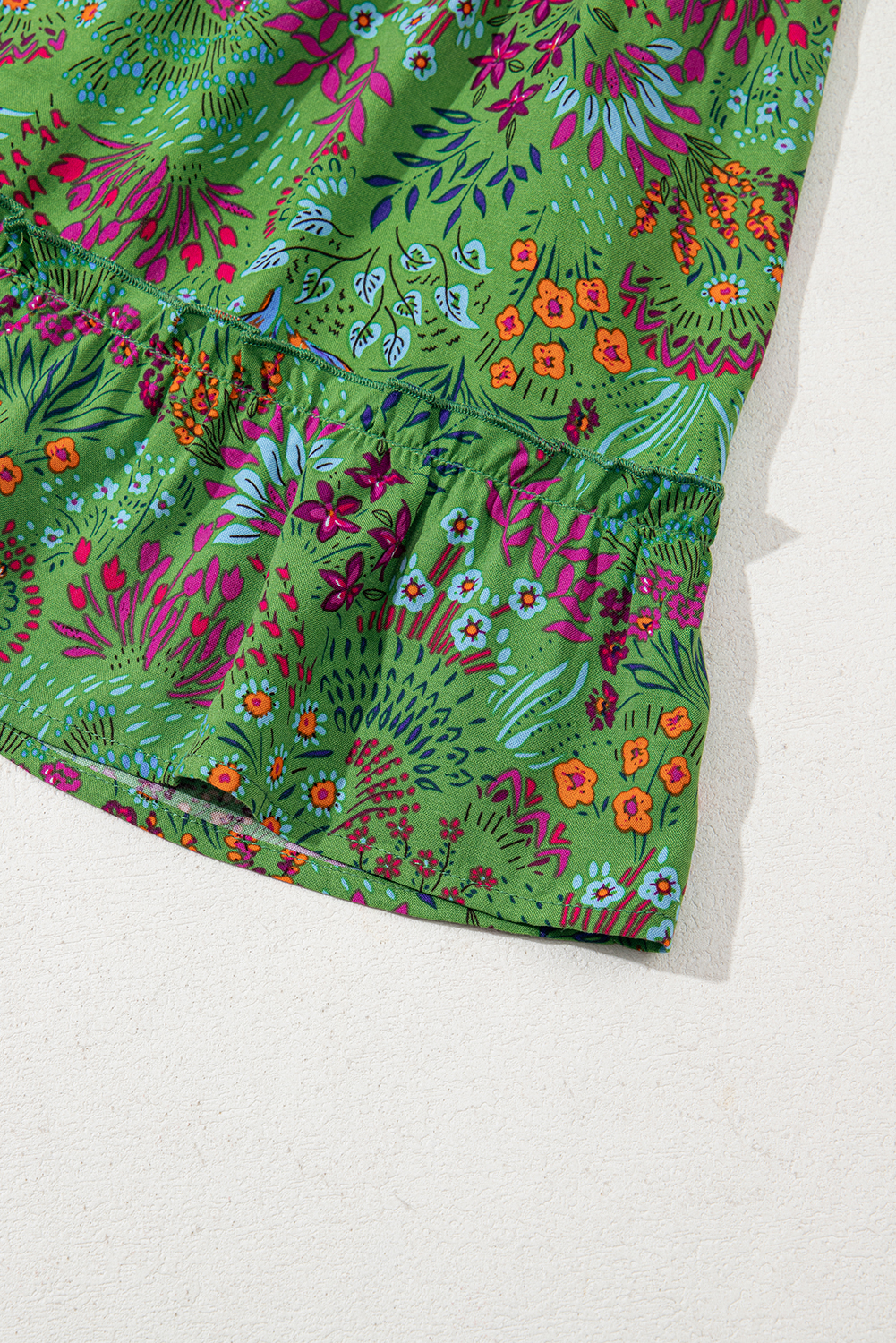 Women's Dress, Green Floral, Tie Split Neck, Ruffle Trim, Tiered Dress, Casual Style, Summer Fashion, Flutter Sleeves, Mini Length, Daily Wear, A-Line Silhouette, Eye-Catching Design, 100% Viscose, Stylish Dress - Detail View 12 Women's Dress, Green Floral, Tie Split Neck, Ruffle Trim, Tiered Dress, Casual Style, Summer Fashion, Flutter Sleeves, Mini Length, Daily Wear, A-Line Silhouette, Eye-Catching Design, 100% Viscose, Stylish Dress - Detail View 12