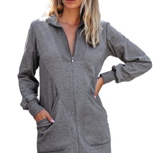 Women's Dark Grey Zip-Up Sweatshirt Dress with Pockets – Casual Fall Layering - Main View