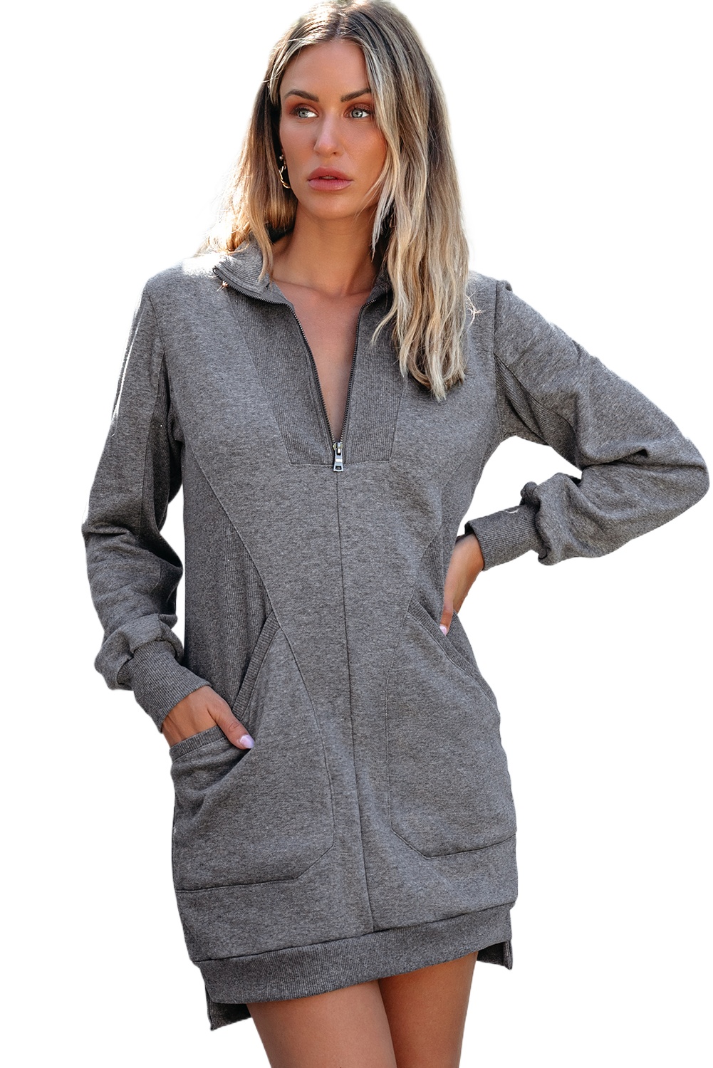 Women's Dark Grey Zip-Up Sweatshirt Dress with Pockets – Casual Fall Layering - Main View Women's Dark Grey Zip-Up Sweatshirt Dress with Pockets – Casual Fall Layering - Main View