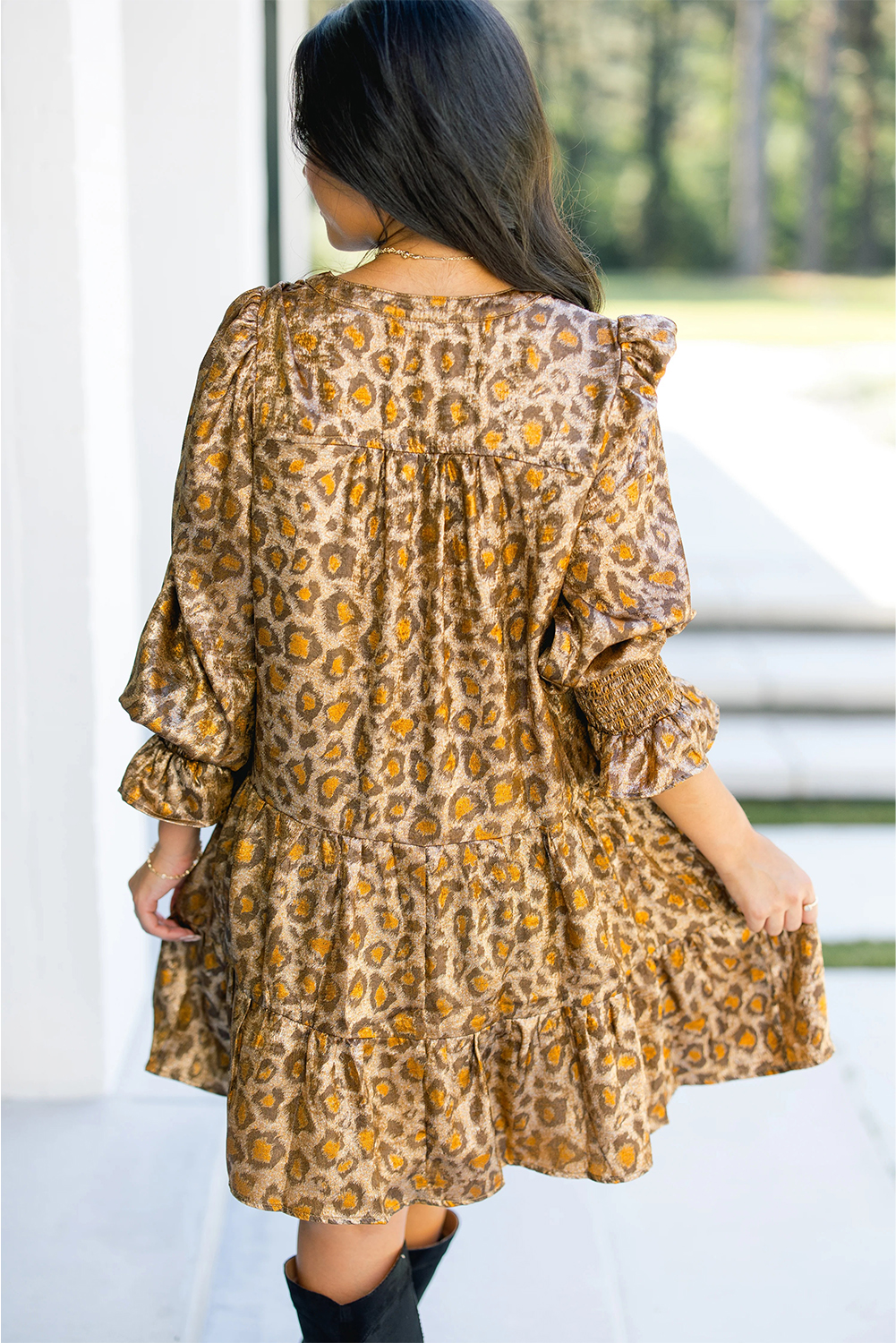 Chic Khaki Leopard Print Tiered Mini Dress – Perfect for Vacation and Everyday Style - Detail View 2 Chic Khaki Leopard Print Tiered Mini Dress – Perfect for Vacation and Everyday Style - Detail View 2