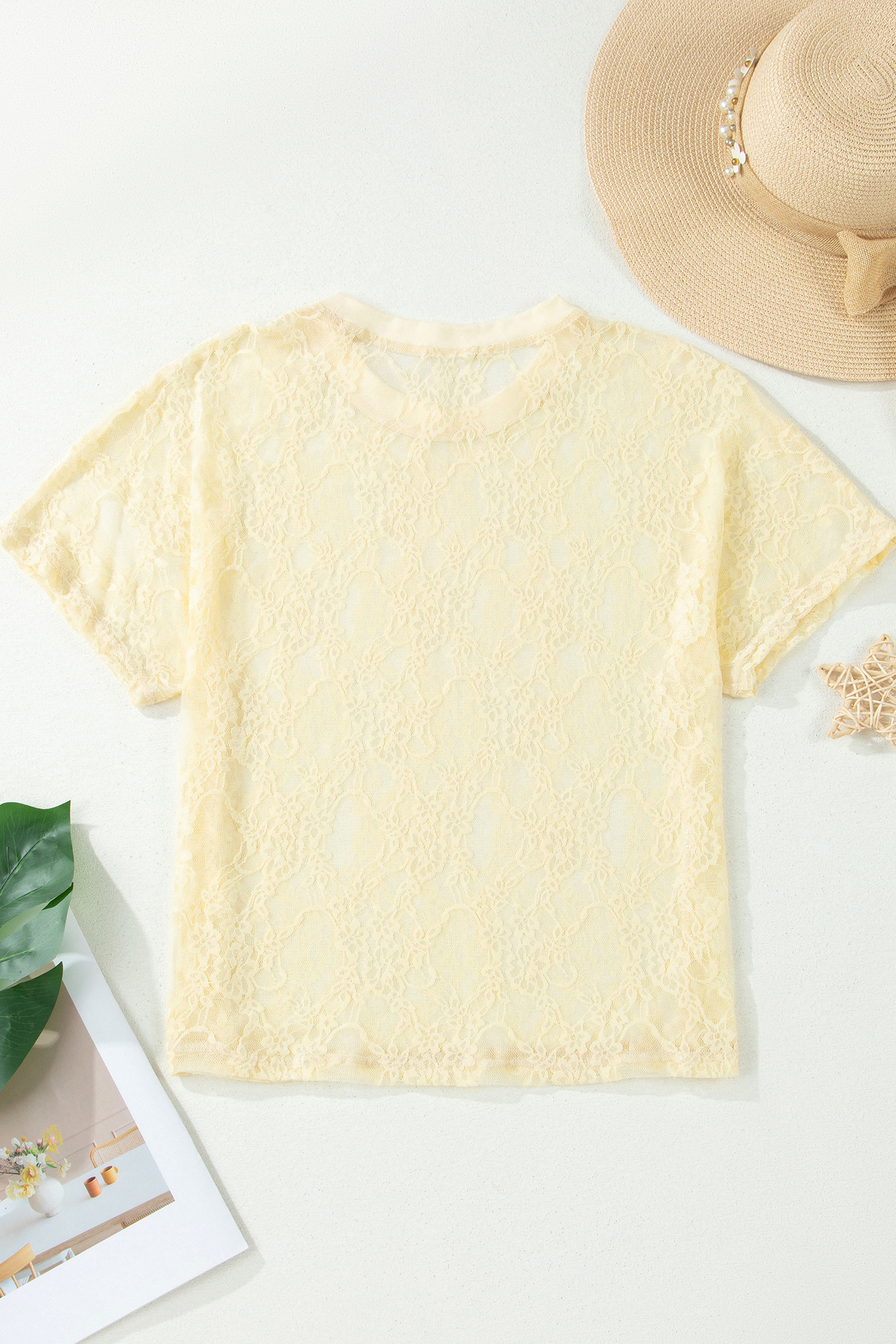 Women's Yellow Cream Floral Lace Boxy Tee – Short Sleeve Round Neck Sheer Casual Top - Detail View 7 Women's Yellow Cream Floral Lace Boxy Tee – Short Sleeve Round Neck Sheer Casual Top - Detail View 7