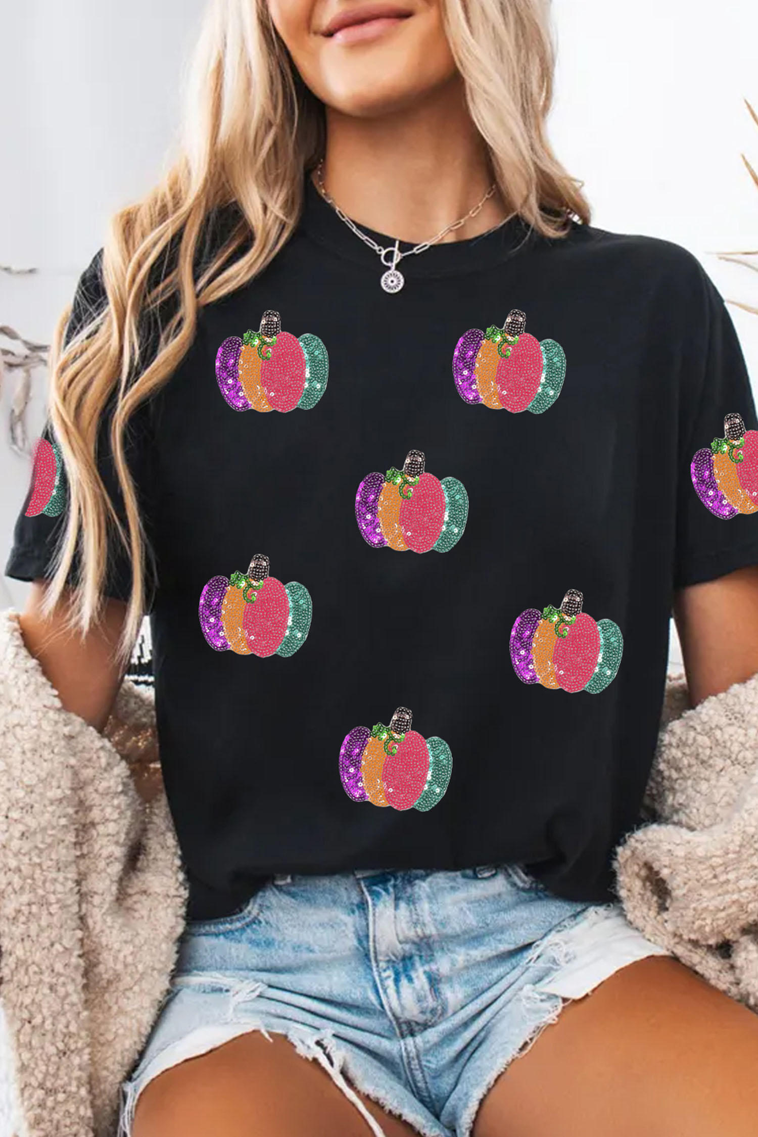 Women's Casual Sequin Pumpkin Tee, Soft Cotton Blend Fall Top - Detail View 3 Women's Casual Sequin Pumpkin Tee, Soft Cotton Blend Fall Top - Detail View 3