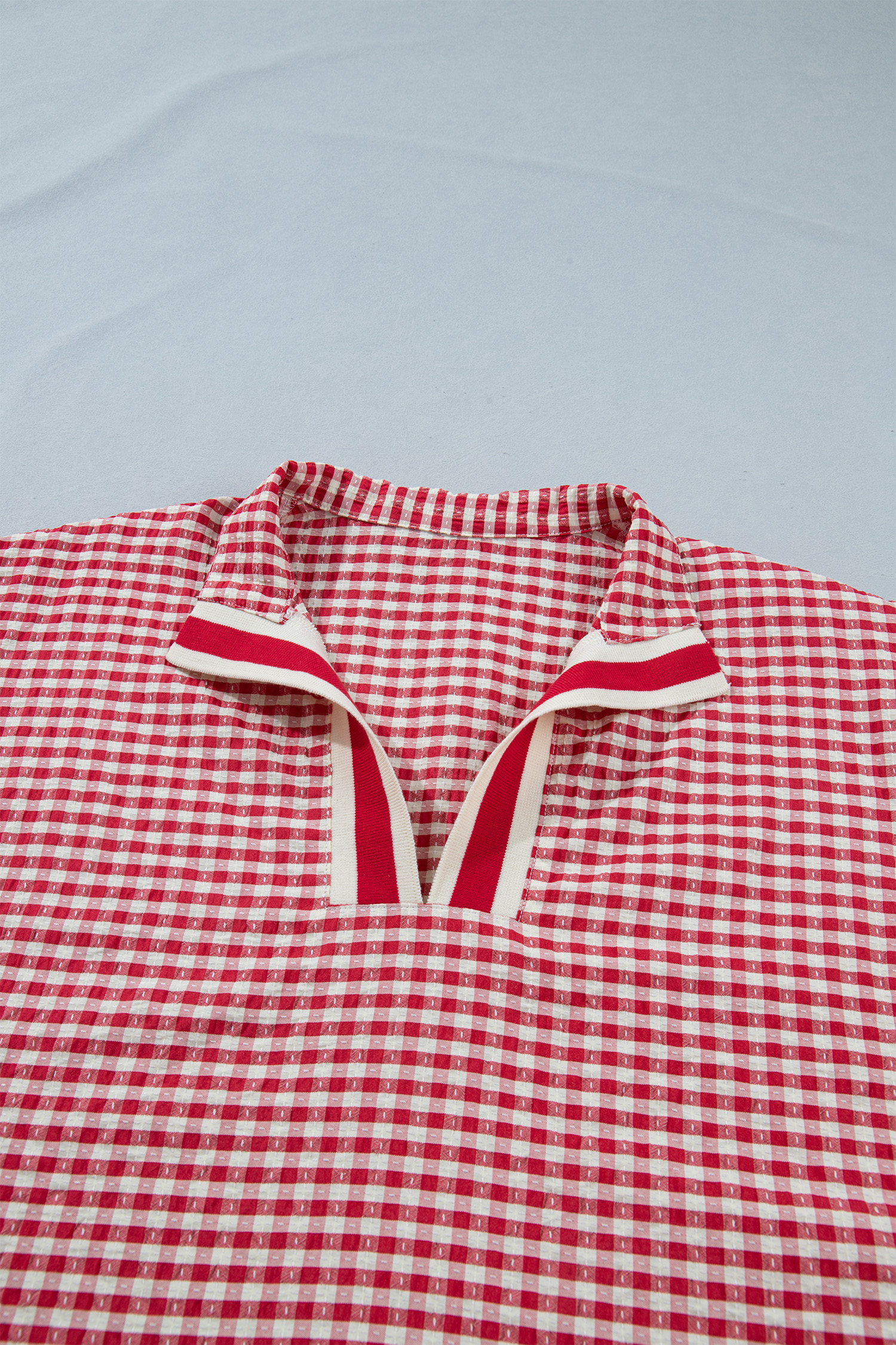 Chic Plaid Split Neck Blouse for Women – Red Short Sleeve Colorblock Top, Versatile Gift for Her - Detail View 6 Chic Plaid Split Neck Blouse for Women – Red Short Sleeve Colorblock Top, Versatile Gift for Her - Detail View 6