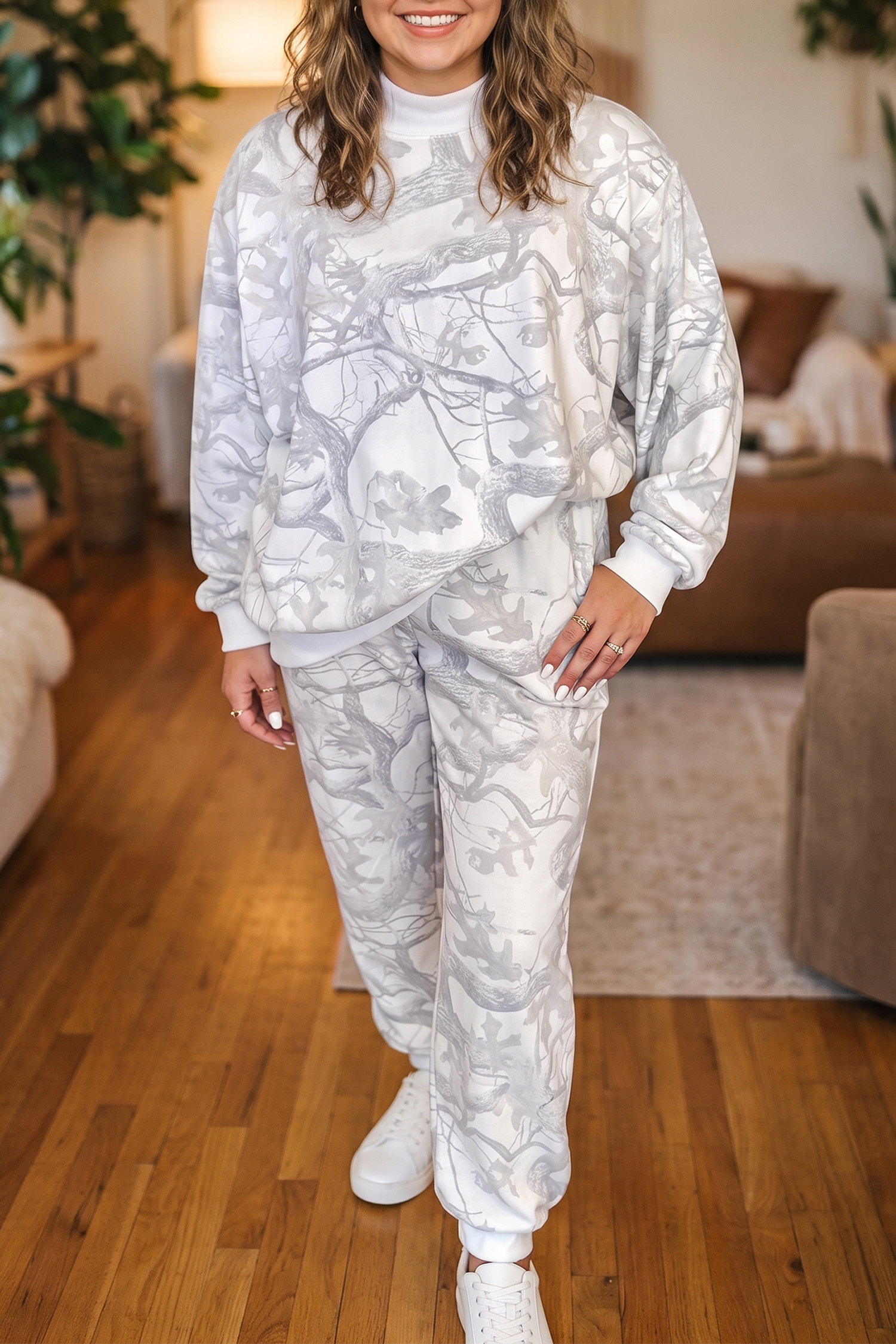 Women's Gray Camouflage Set, Trendy Long Sleeve Joggers - Detail View 2 Women's Gray Camouflage Set, Trendy Long Sleeve Joggers - Detail View 2