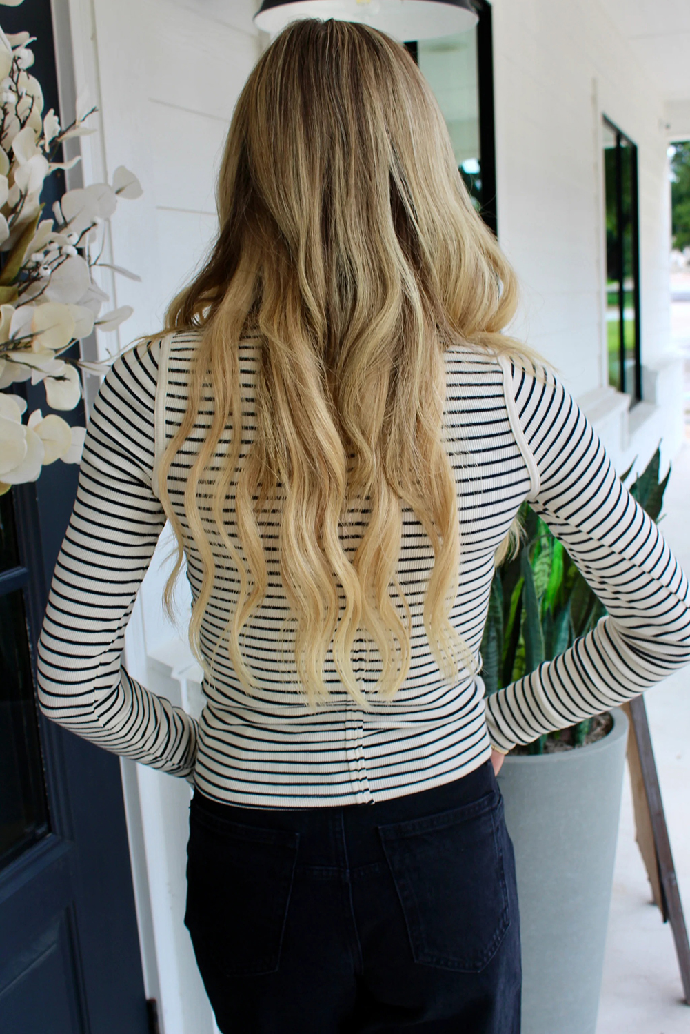 Chic Black Stripe Ribbed Knit Half Button Top – Long Sleeve Slim Fit for Fall Style - Detail View 2 Chic Black Stripe Ribbed Knit Half Button Top – Long Sleeve Slim Fit for Fall Style - Detail View 2