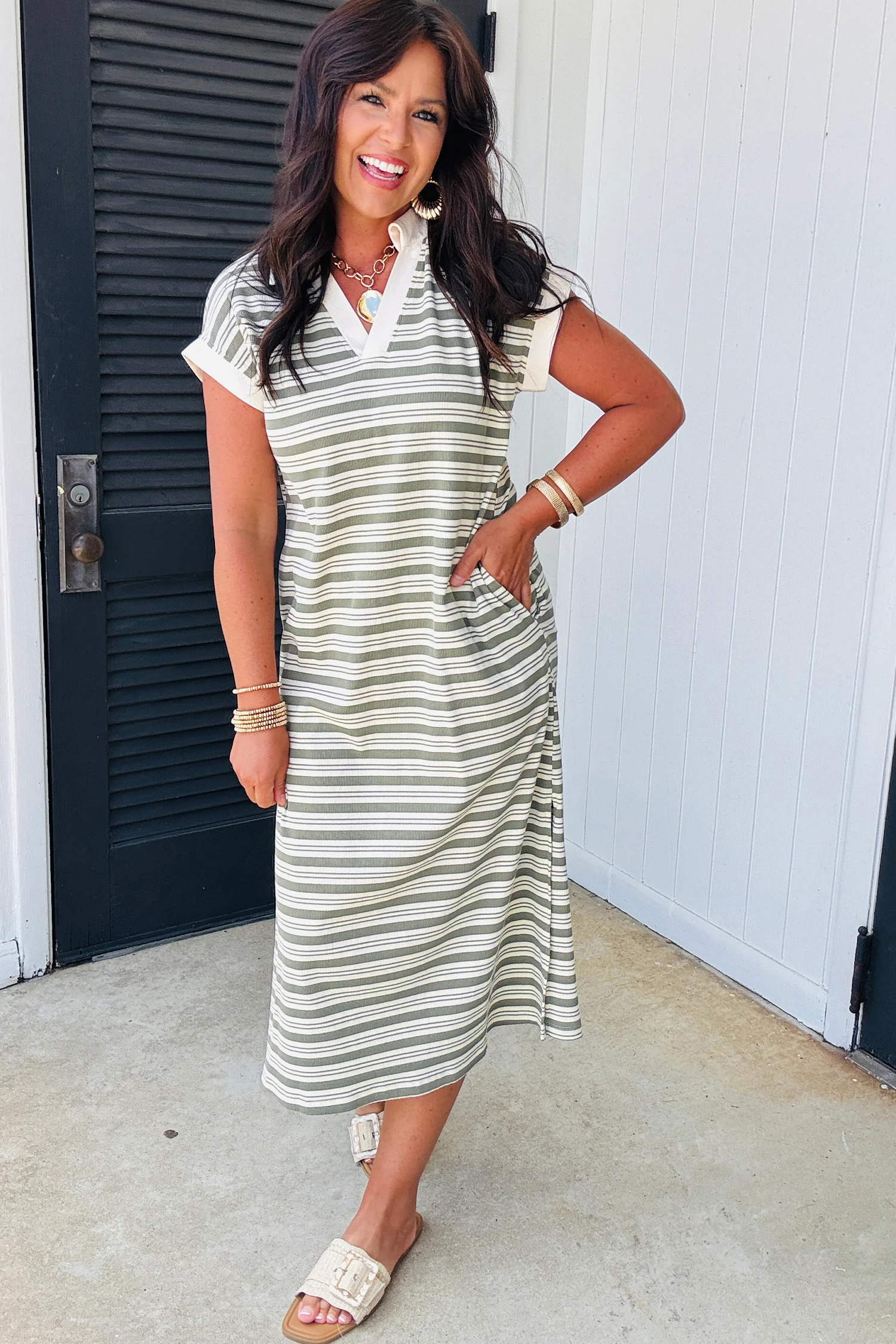 Women's Green Stripe Collared V Neck Midi Dress – Casual Summer Style with Pockets - Detail View 7 Women's Green Stripe Collared V Neck Midi Dress – Casual Summer Style with Pockets - Detail View 7