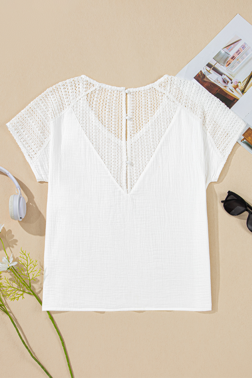 Women's T-Shirt, White Lace, Crochet Detail, V Neck, Button Back, Casual Style, Vacation Wear, Summer Fashion, Textured Fabric, Elegant Design, Short Sleeve, Cotton, Tops & Tees - Detail View 8 Women's T-Shirt, White Lace, Crochet Detail, V Neck, Button Back, Casual Style, Vacation Wear, Summer Fashion, Textured Fabric, Elegant Design, Short Sleeve, Cotton, Tops & Tees - Detail View 8