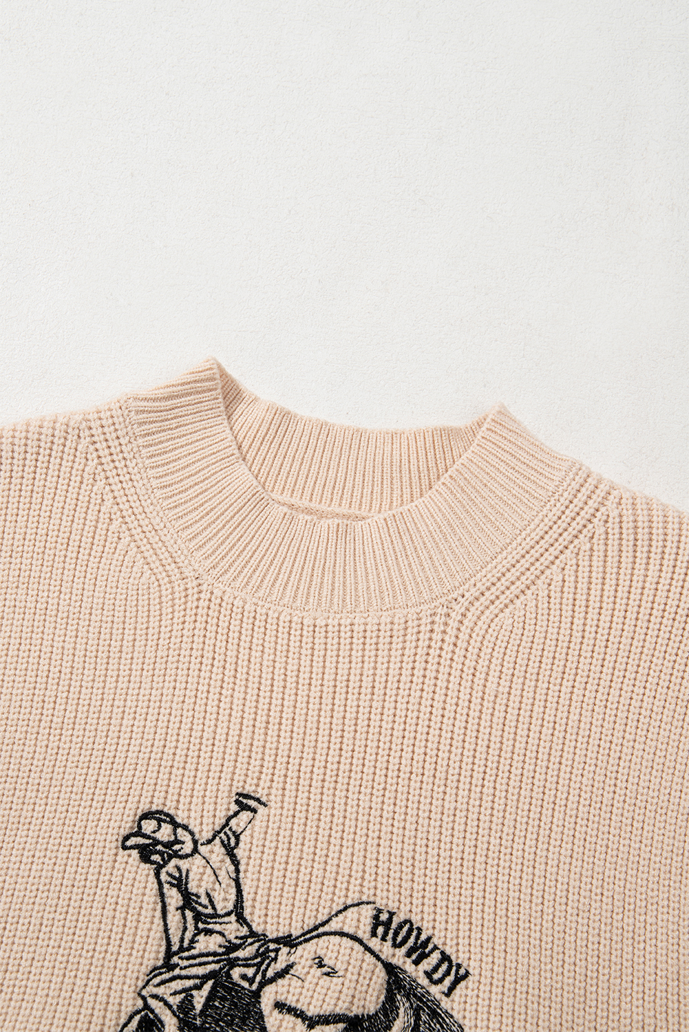 Women's Sweater, Oatmeal, High Neck, Short Sleeve, Cowboy Graphic, Western Fashion, Casual Wear, Comfortable, Daily Wear, Embroidery Detail, Versatile Style, Pairs Well with Jeans, Summer Sweater - Detail View 8 Women's Sweater, Oatmeal, High Neck, Short Sleeve, Cowboy Graphic, Western Fashion, Casual Wear, Comfortable, Daily Wear, Embroidery Detail, Versatile Style, Pairs Well with Jeans, Summer Sweater - Detail View 8