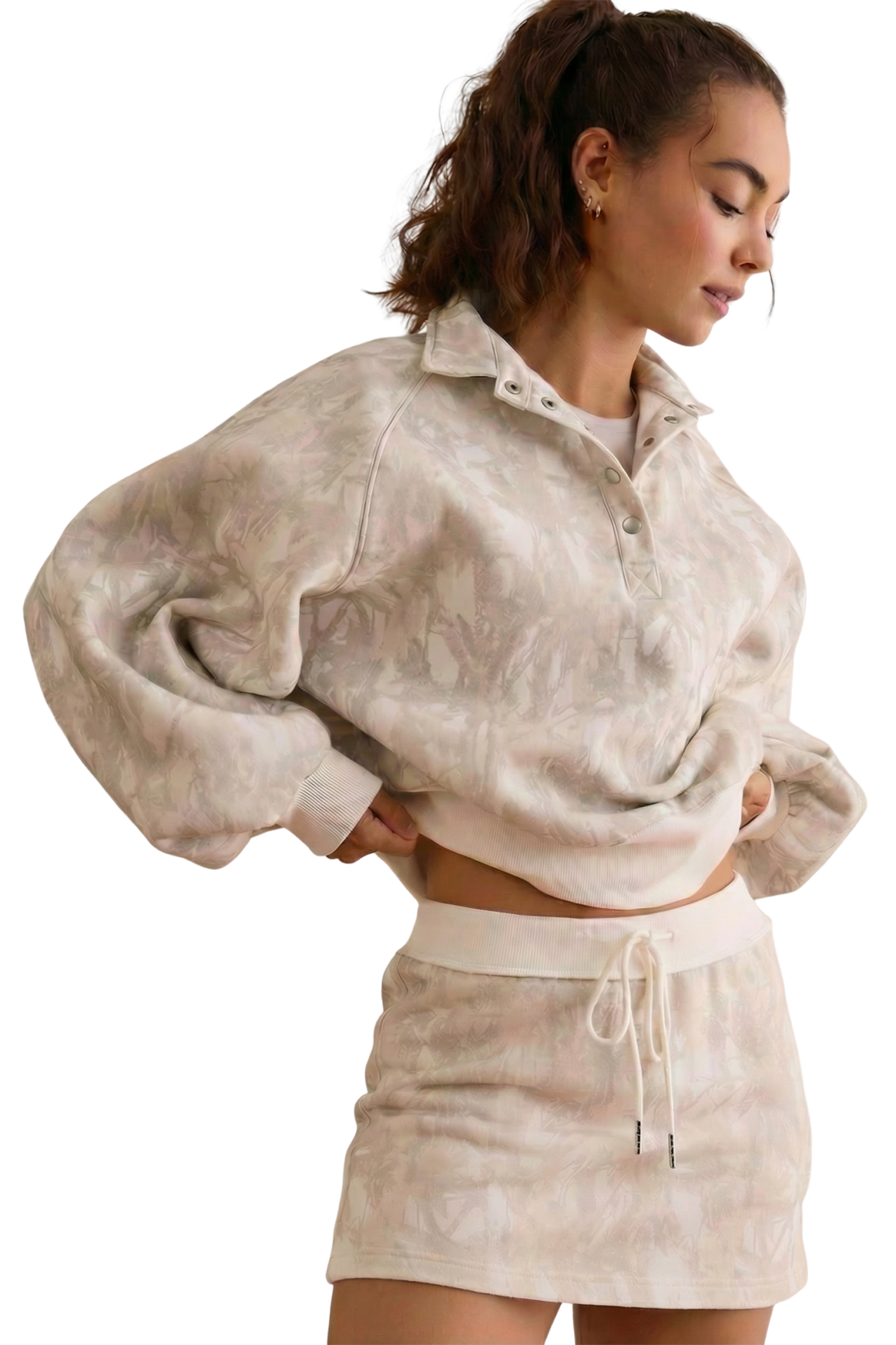 Women's White Abstract Woodland Print Pullover & Mini Skort Set – Casual Spring Outfit - Main View Women's White Abstract Woodland Print Pullover & Mini Skort Set – Casual Spring Outfit - Main View