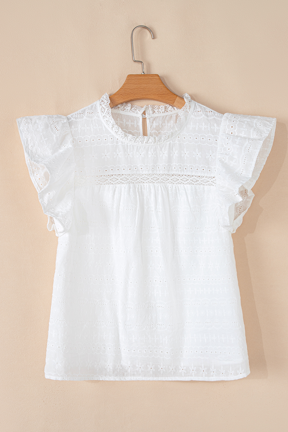 Chic Women's Solid Color Top: Lace Neckline and Ruffled Flutter Sleeves - Detail View 11 Chic Women's Solid Color Top: Lace Neckline and Ruffled Flutter Sleeves - Detail View 11