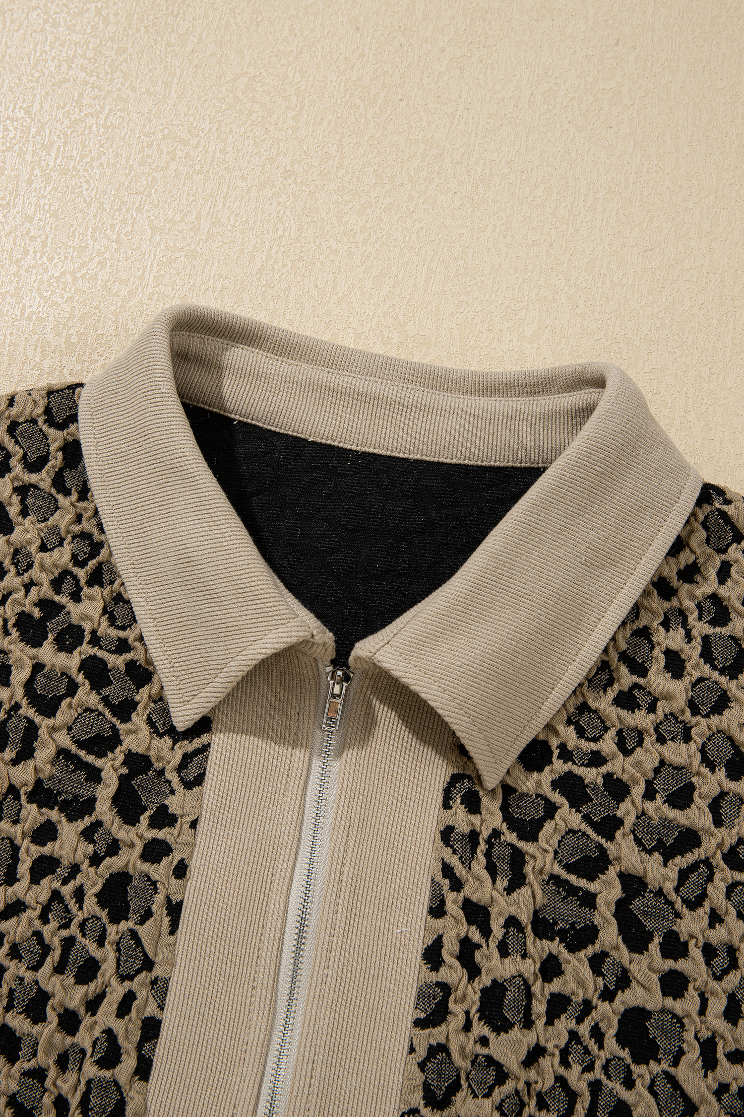 Casual Women's Zipper V-Neck Top – Beige Leopard Print Short Sleeve Shift Shirt - Detail View 6 Casual Women's Zipper V-Neck Top – Beige Leopard Print Short Sleeve Shift Shirt - Detail View 6