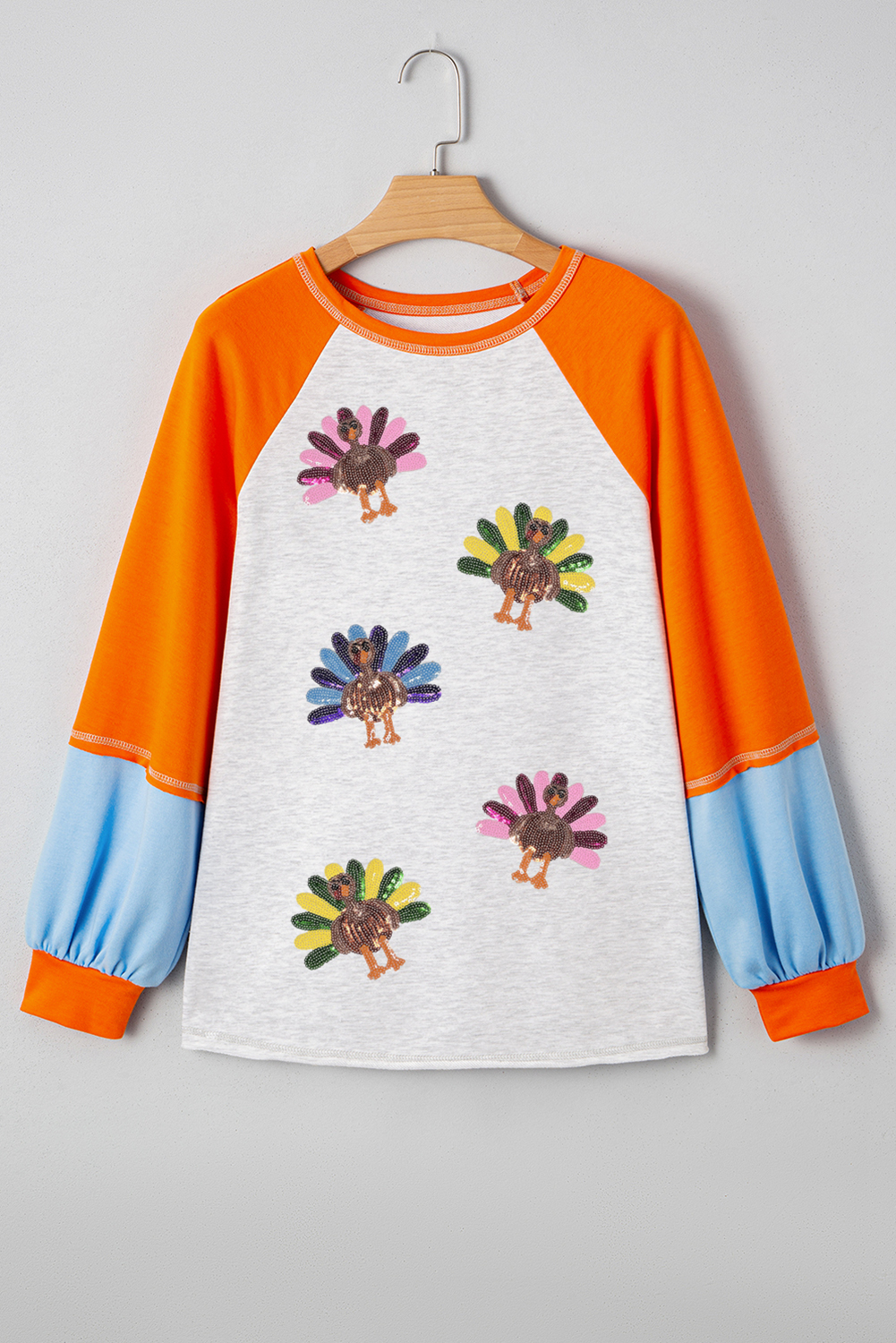 Light Grey Sequin Turkey Graphic Top for Women – Stylish Color Block Long Raglan Sleeve for Thanksgiving Gatherings - Detail View 5 Light Grey Sequin Turkey Graphic Top for Women – Stylish Color Block Long Raglan Sleeve for Thanksgiving Gatherings - Detail View 5