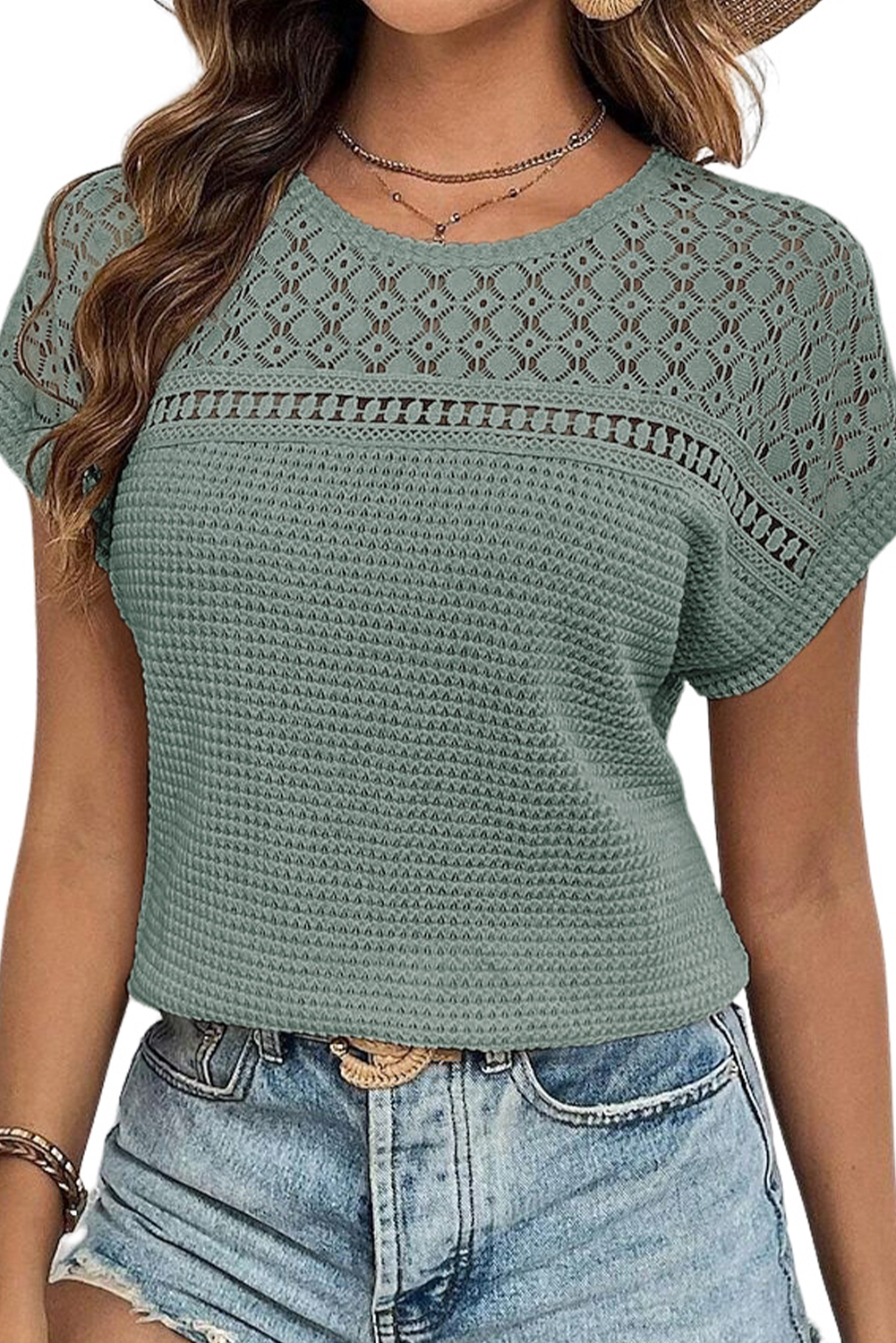 Casual Lace Waffle Knit Tee, Women's Round Neck Summer Top - Detail View 2 Casual Lace Waffle Knit Tee, Women's Round Neck Summer Top - Detail View 2