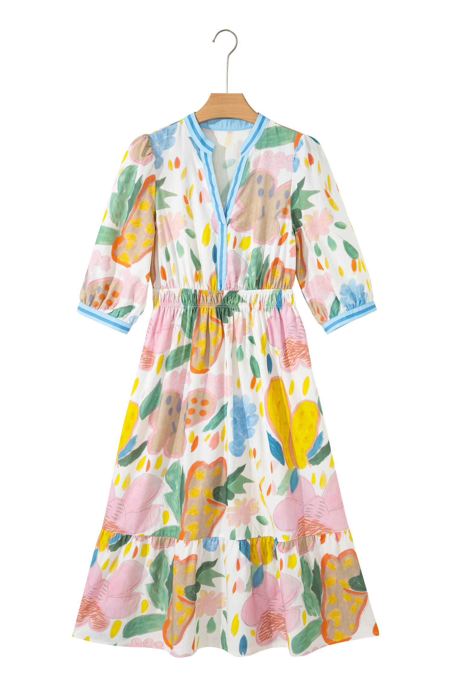 Southern Belle Women's Floral Midi Dress – Striped Trim V Neck High Waist Long Dress for Easter and Daily Wear - Detail View 5 Southern Belle Women's Floral Midi Dress – Striped Trim V Neck High Waist Long Dress for Easter and Daily Wear - Detail View 5