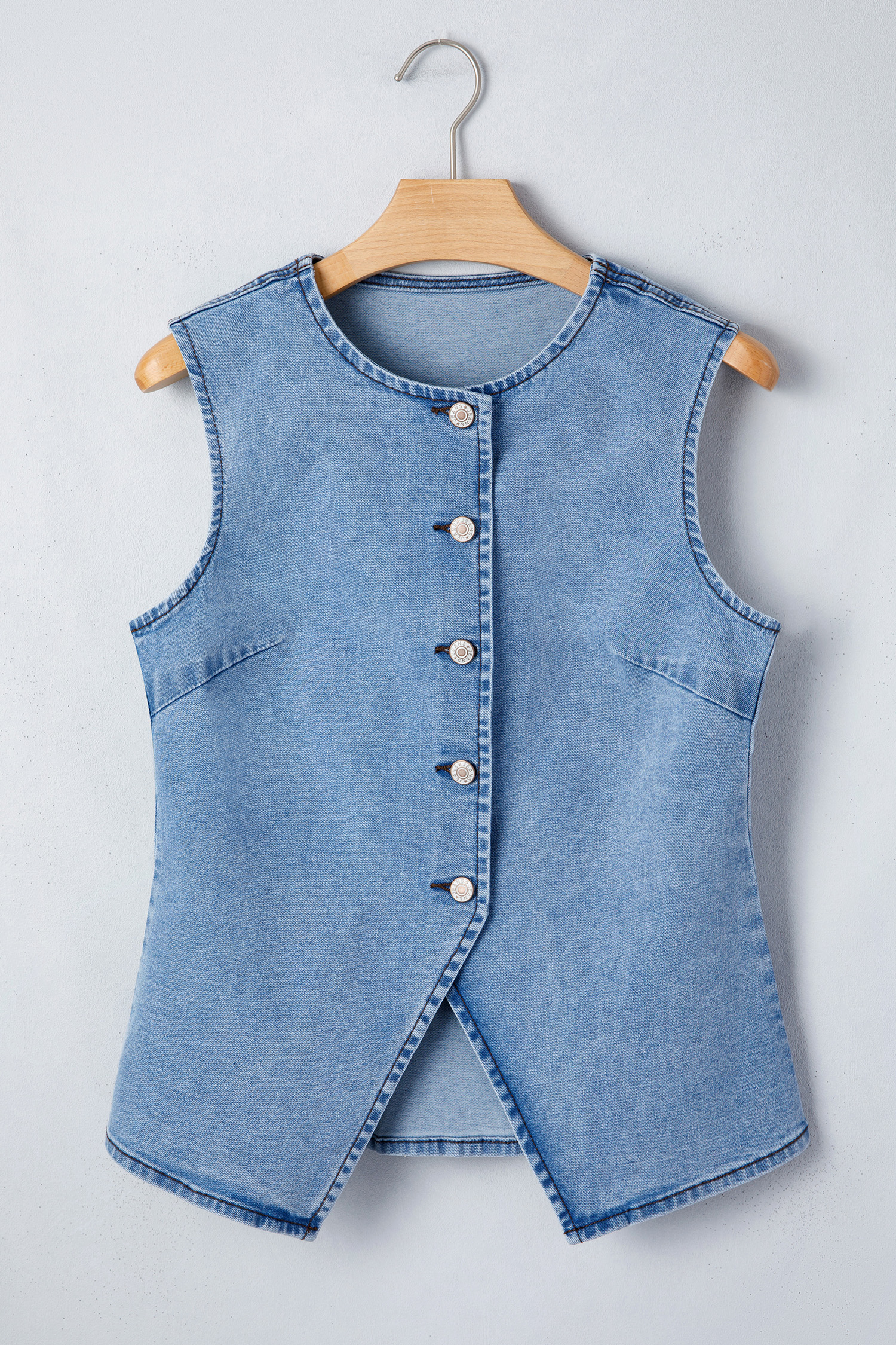 Western Denim Vest for Women – Solid Color Button Down Sleeveless Top for Outdoor Outfits - Detail View 5 Western Denim Vest for Women – Solid Color Button Down Sleeveless Top for Outdoor Outfits - Detail View 5