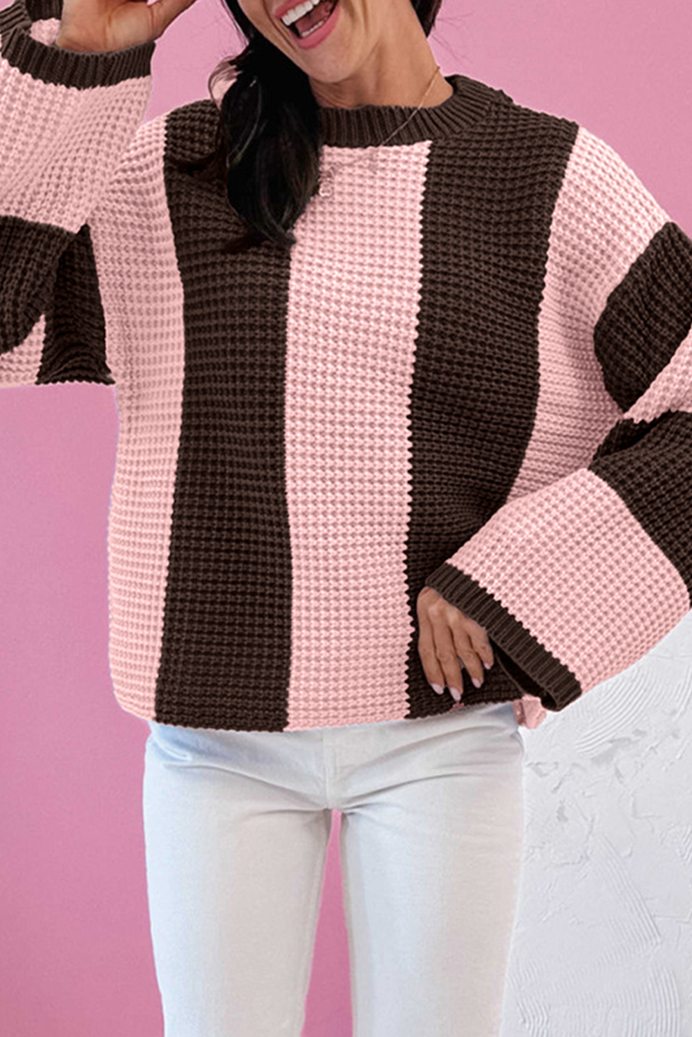 Versatile Fuchsia Color Block Sweater for Women – Long Sleeve Casual Layering - Detail View 6 Versatile Fuchsia Color Block Sweater for Women – Long Sleeve Casual Layering - Detail View 6